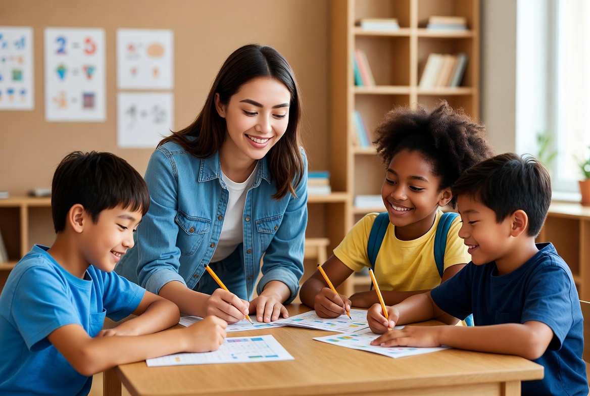 Friendly math tutor helping three happy diverse children solve problems in a bright modern classroom at Rectangle LLC