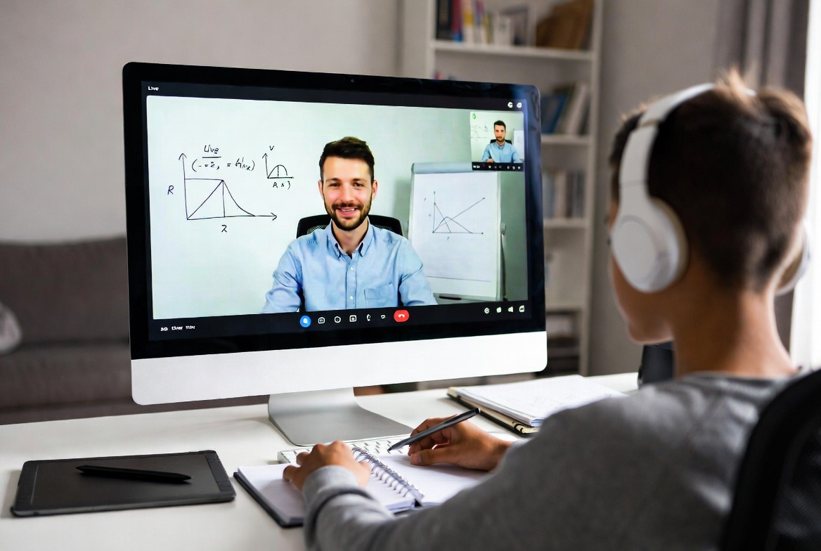 Modern live online math tutoring session with shared whiteboard and engaged student